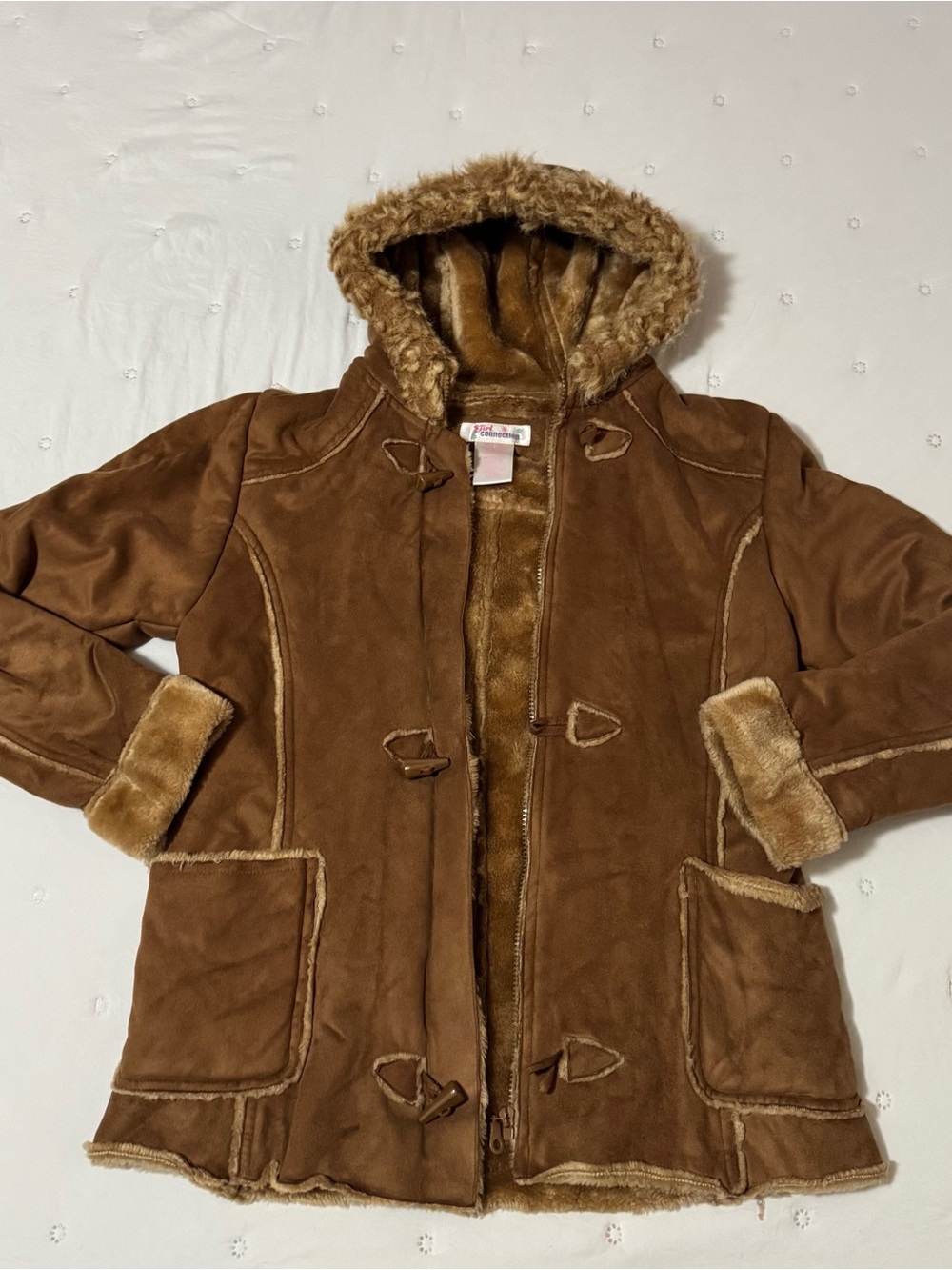 Girls' Brown Faux-Suede Teddy Hooded Coat